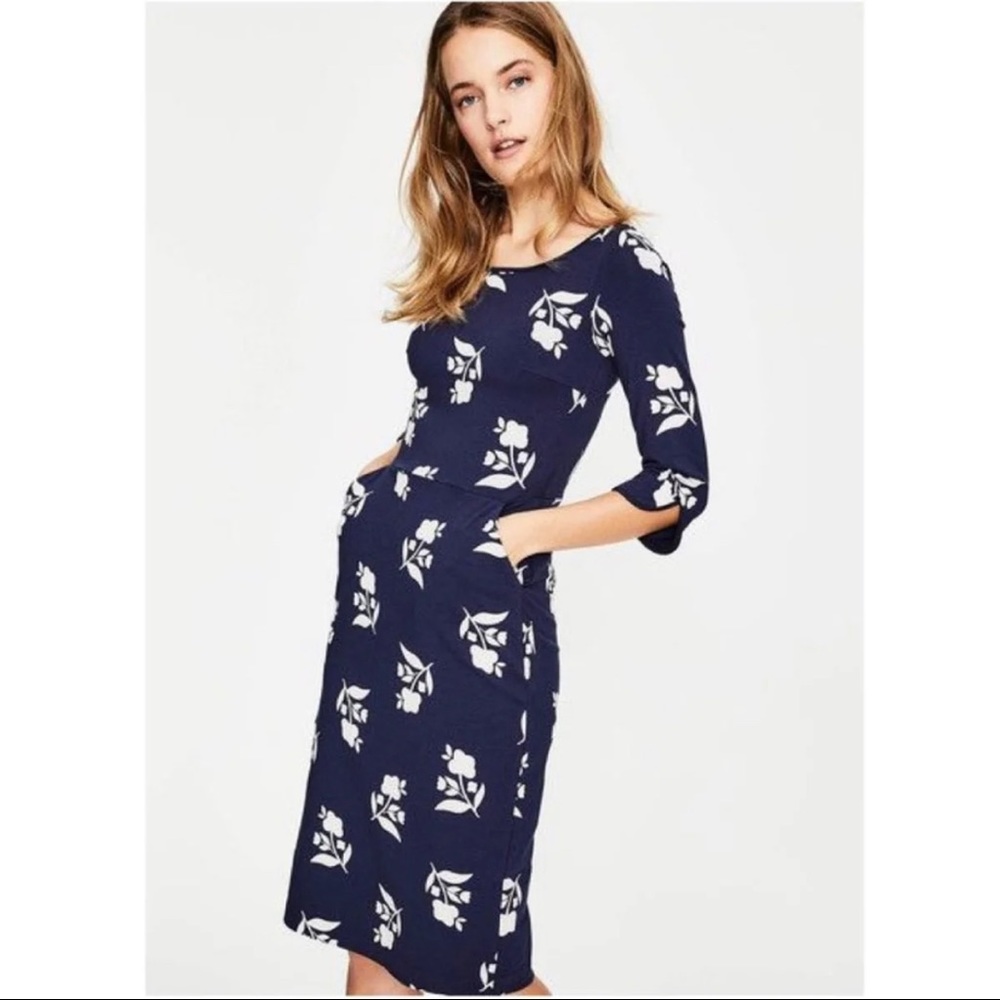 Boden Jessie Jersey Navy Blue Floral Print midi Size 12